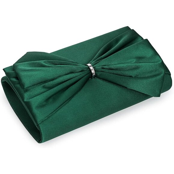⚡ Women's Elegant Evening Green Satin Bow Shoulder Chain Strap Clutch Handbag - Picture 3 of 6